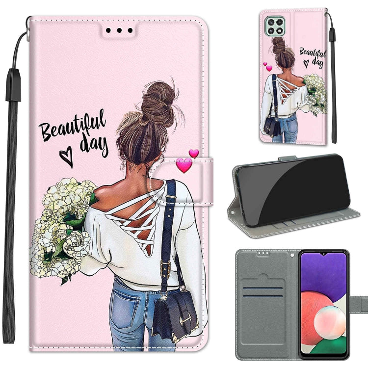 Voltage Coloured Drawing Magnetic Clasp Horizontal Flip PU Leather Case with Holder & Card Slots For Samsung Galaxy A22 5G(C09 Hug Flower) by buy2fix
