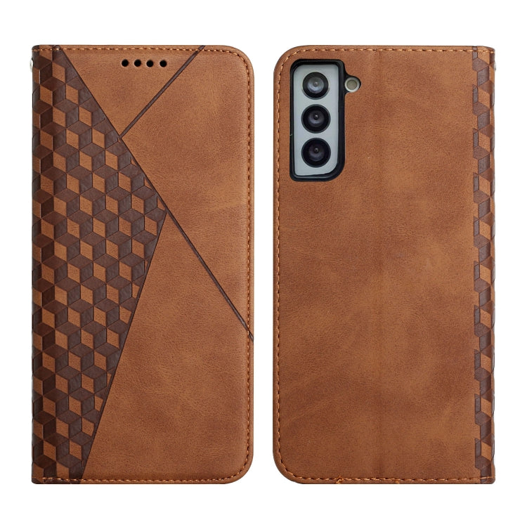 For Samsung Galaxy S21 FE Diamond Pattern Splicing Skin Feel Magnetic Horizontal Flip Leather Case with Card Slots & Holder & Wallet(Brown) by buy2fix