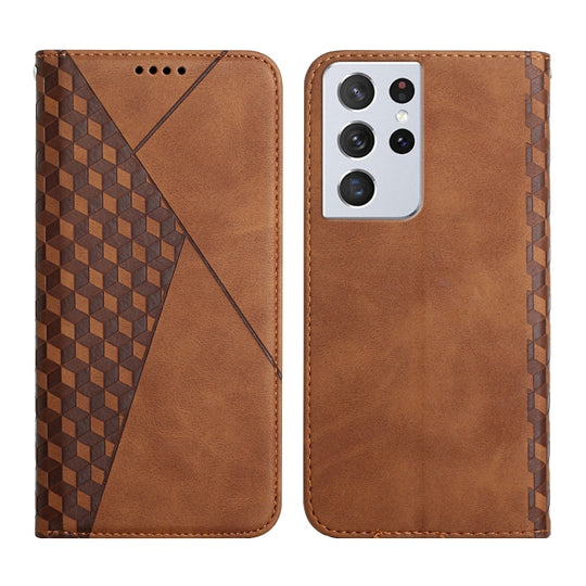 For Samsung Galaxy S21 Ultra 5G Diamond Pattern Splicing Skin Feel Magnetic Horizontal Flip Leather Case with Card Slots & Holder & Wallet(Brown)