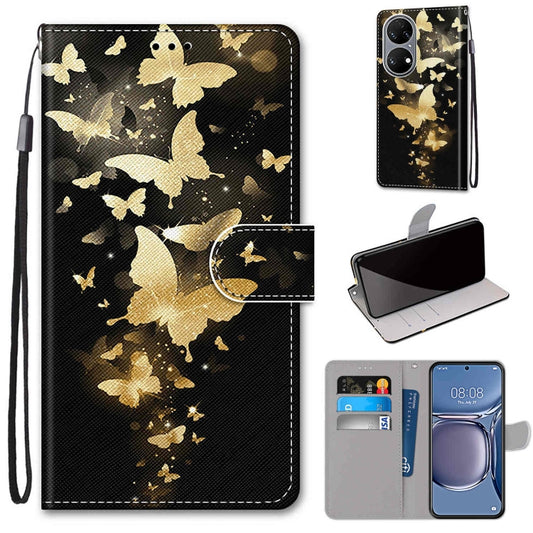 For Huawei P50 Coloured Drawing Cross Texture Horizontal Flip PU Leather Case with Holder & Card Slots & Wallet & Lanyard(Golden Butterfly Group) - Huawei Cases by buy2fix | Online Shopping UK | buy2fix