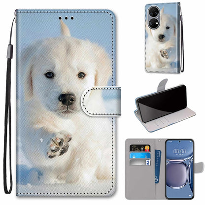For Huawei P50 Coloured Drawing Cross Texture Horizontal Flip PU Leather Case with Holder & Card Slots & Wallet & Lanyard(Snow Puppy) - Huawei Cases by buy2fix | Online Shopping UK | buy2fix