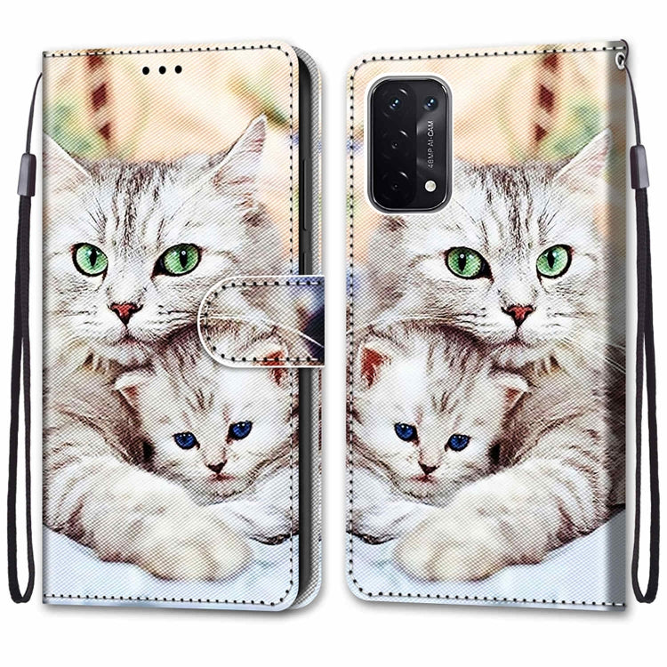 For OPPO A93 5G / A93s 5G / A54 5G / A74 5G Coloured Drawing Cross Texture Horizontal Flip PU Leather Case with Holder & Card Slots & Wallet & Lanyard(Big Cat Holding Kitten) by buy2fix