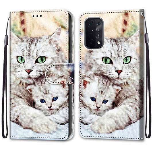 For OPPO A93 5G / A93s 5G / A54 5G / A74 5G Coloured Drawing Cross Texture Horizontal Flip PU Leather Case with Holder & Card Slots & Wallet & Lanyard(Big Cat Holding Kitten) by buy2fix