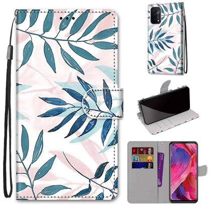 For OPPO A93 5G / A93s 5G / A54 5G / A74 5G Coloured Drawing Cross Texture Horizontal Flip PU Leather Case with Holder & Card Slots & Wallet & Lanyard(Pink Green Leaf) by buy2fix