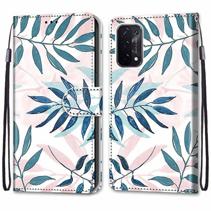 For OPPO A93 5G / A93s 5G / A54 5G / A74 5G Coloured Drawing Cross Texture Horizontal Flip PU Leather Case with Holder & Card Slots & Wallet & Lanyard(Pink Green Leaf) by buy2fix
