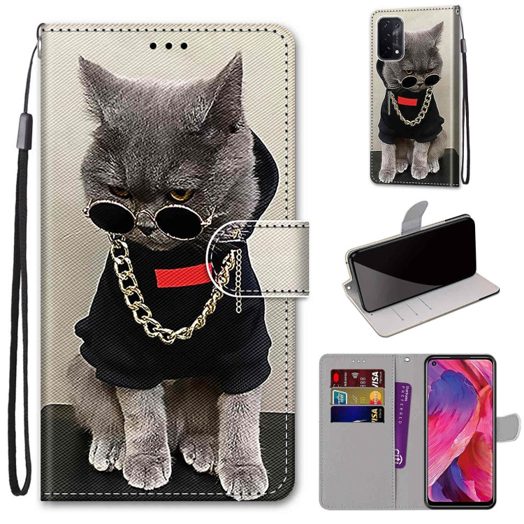 For OPPO A93 5G / A93s 5G / A54 5G / A74 5G Coloured Drawing Cross Texture Horizontal Flip PU Leather Case with Holder & Card Slots & Wallet & Lanyard(Golden Chain Grey Cat) by buy2fix