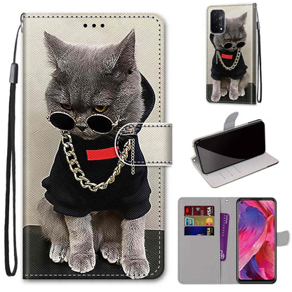 For OPPO A93 5G / A93s 5G / A54 5G / A74 5G Coloured Drawing Cross Texture Horizontal Flip PU Leather Case with Holder & Card Slots & Wallet & Lanyard(Golden Chain Grey Cat) by buy2fix