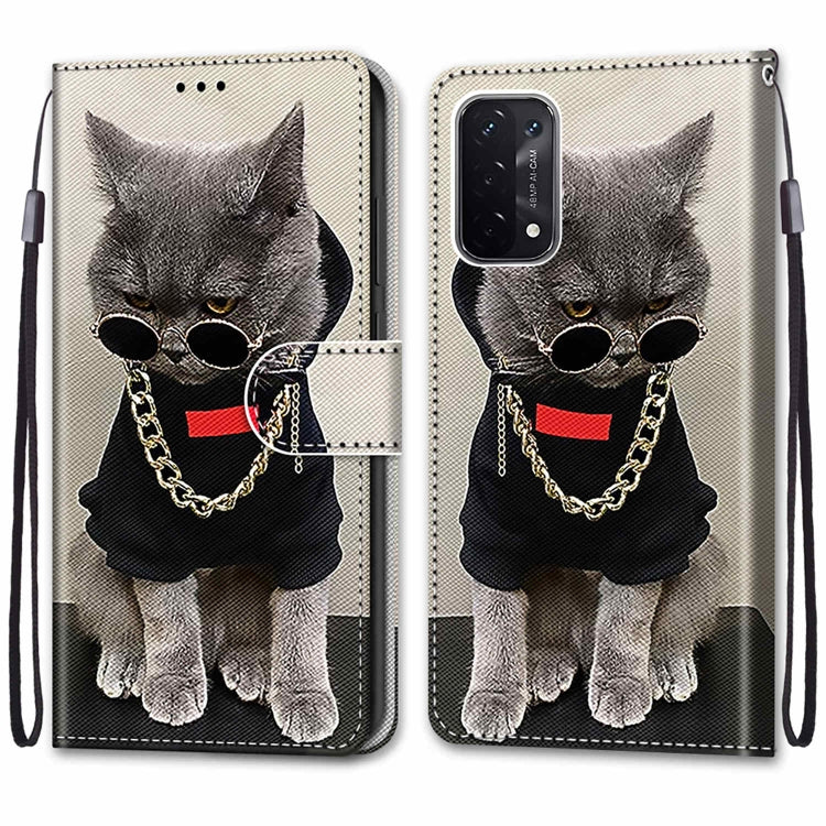 For OPPO A93 5G / A93s 5G / A54 5G / A74 5G Coloured Drawing Cross Texture Horizontal Flip PU Leather Case with Holder & Card Slots & Wallet & Lanyard(Golden Chain Grey Cat) by buy2fix