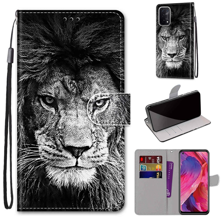 For OPPO A93 5G / A93s 5G / A54 5G / A74 5G Coloured Drawing Cross Texture Horizontal Flip PU Leather Case with Holder & Card Slots & Wallet & Lanyard(Black White Lion Head) by buy2fix