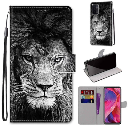 For OPPO A93 5G / A93s 5G / A54 5G / A74 5G Coloured Drawing Cross Texture Horizontal Flip PU Leather Case with Holder & Card Slots & Wallet & Lanyard(Black White Lion Head) by buy2fix
