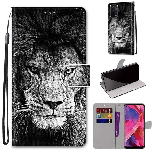 For OPPO A93 5G / A93s 5G / A54 5G / A74 5G Coloured Drawing Cross Texture Horizontal Flip PU Leather Case with Holder & Card Slots & Wallet & Lanyard(Black White Lion Head) by buy2fix