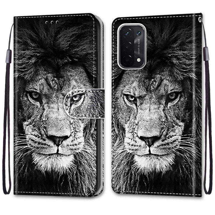 For OPPO A93 5G / A93s 5G / A54 5G / A74 5G Coloured Drawing Cross Texture Horizontal Flip PU Leather Case with Holder & Card Slots & Wallet & Lanyard(Black White Lion Head) by buy2fix