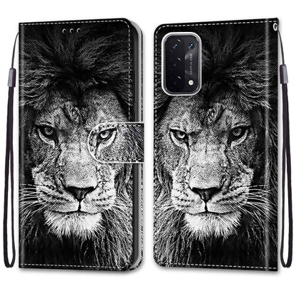 For OPPO A93 5G / A93s 5G / A54 5G / A74 5G Coloured Drawing Cross Texture Horizontal Flip PU Leather Case with Holder & Card Slots & Wallet & Lanyard(Black White Lion Head) by buy2fix