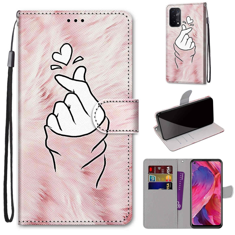 For OPPO A93 5G / A93s 5G / A54 5G / A74 5G Coloured Drawing Cross Texture Horizontal Flip PU Leather Case with Holder & Card Slots & Wallet & Lanyard(Pink Hands Heart) by buy2fix