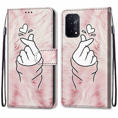 For OPPO A93 5G / A93s 5G / A54 5G / A74 5G Coloured Drawing Cross Texture Horizontal Flip PU Leather Case with Holder & Card Slots & Wallet & Lanyard(Pink Hands Heart) by buy2fix