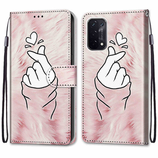 For OPPO A93 5G / A93s 5G / A54 5G / A74 5G Coloured Drawing Cross Texture Horizontal Flip PU Leather Case with Holder & Card Slots & Wallet & Lanyard(Pink Hands Heart) by buy2fix