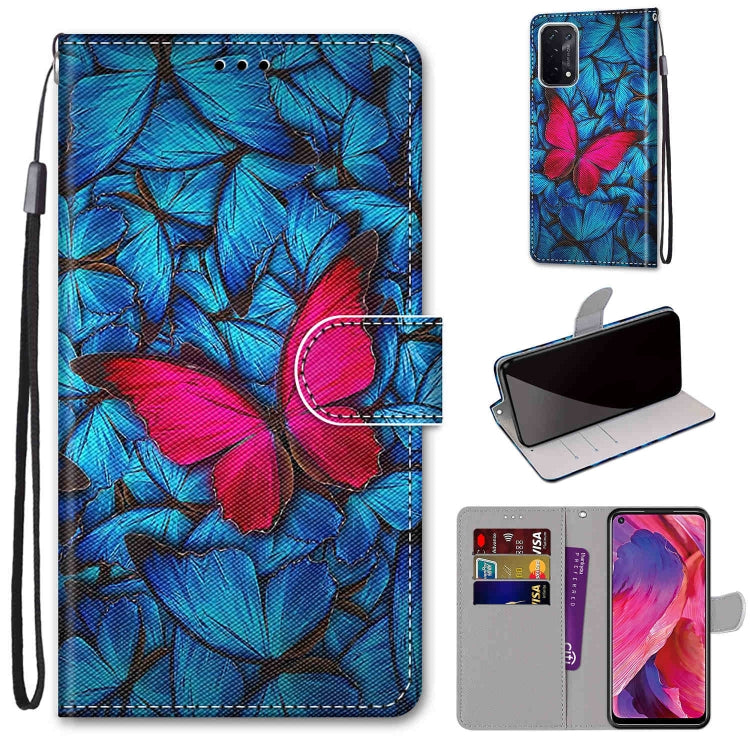 For OPPO A93 5G / A93s 5G / A54 5G / A74 5G Coloured Drawing Cross Texture Horizontal Flip PU Leather Case with Holder & Card Slots & Wallet & Lanyard(Blue Red Butterfly) by buy2fix