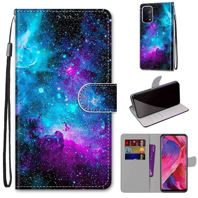 For OPPO A93 5G / A93s 5G / A54 5G / A74 5G Coloured Drawing Cross Texture Horizontal Flip PU Leather Case with Holder & Card Slots & Wallet & Lanyard(Purple Green Starry Sky) by buy2fix