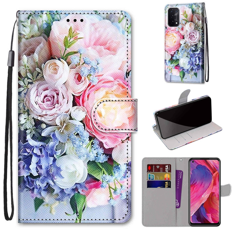 For OPPO A93 5G / A93s 5G / A54 5G / A74 5G Coloured Drawing Cross Texture Horizontal Flip PU Leather Case with Holder & Card Slots & Wallet & Lanyard(Light Pink Bouquet) by buy2fix