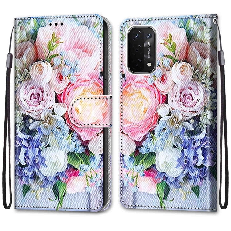 For OPPO A93 5G / A93s 5G / A54 5G / A74 5G Coloured Drawing Cross Texture Horizontal Flip PU Leather Case with Holder & Card Slots & Wallet & Lanyard(Light Pink Bouquet) by buy2fix