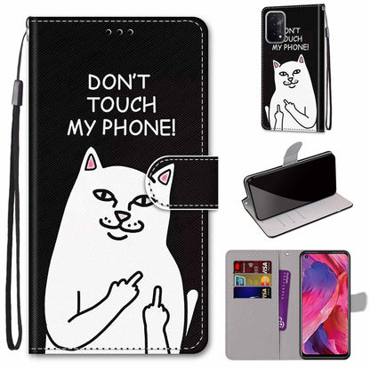 For OPPO A93 5G / A93s 5G / A54 5G / A74 5G Coloured Drawing Cross Texture Horizontal Flip PU Leather Case with Holder & Card Slots & Wallet & Lanyard(Middle Finger White Cat) by buy2fix