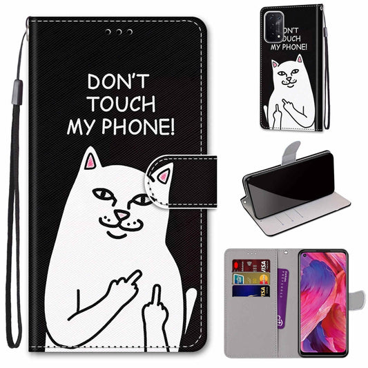 For OPPO A93 5G / A93s 5G / A54 5G / A74 5G Coloured Drawing Cross Texture Horizontal Flip PU Leather Case with Holder & Card Slots & Wallet & Lanyard(Middle Finger White Cat) by buy2fix