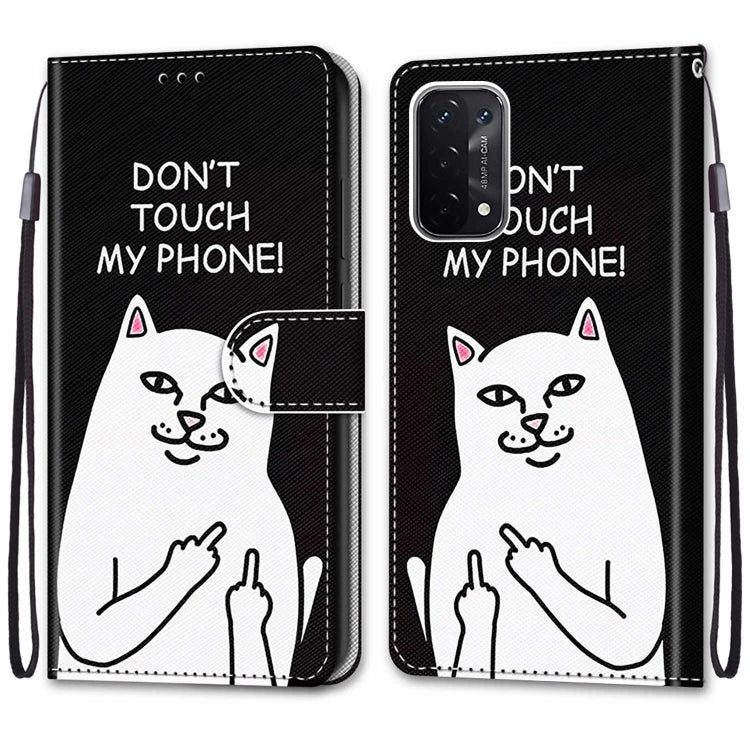 For OPPO A93 5G / A93s 5G / A54 5G / A74 5G Coloured Drawing Cross Texture Horizontal Flip PU Leather Case with Holder & Card Slots & Wallet & Lanyard(Middle Finger White Cat) by buy2fix