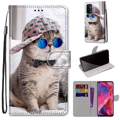For OPPO A93 5G / A93s 5G / A54 5G / A74 5G Coloured Drawing Cross Texture Horizontal Flip PU Leather Case with Holder & Card Slots & Wallet & Lanyard(Slant Hat Blue Mirror Cat) by buy2fix