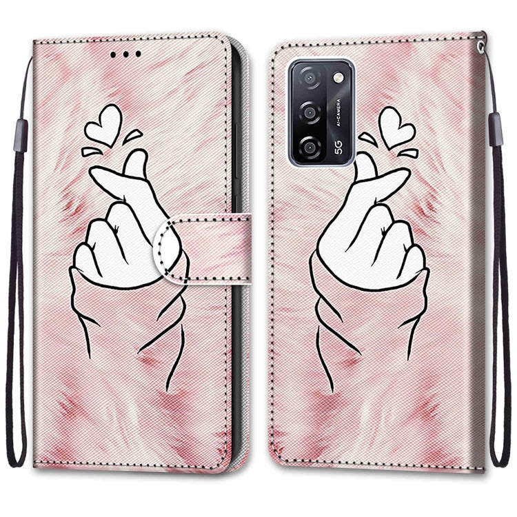For OPPO A54 4G / A16 4G / A53s 5G / A55 5G Coloured Drawing Cross Texture Horizontal Flip PU Leather Case with Holder & Card Slots & Wallet & Lanyard(Pink Hands Heart) by buy2fix