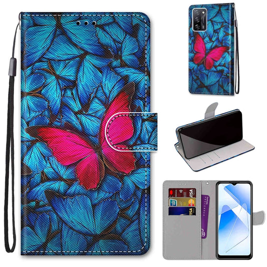 For OPPO A54 4G / A16 4G / A53s 5G / A55 5G Coloured Drawing Cross Texture Horizontal Flip PU Leather Case with Holder & Card Slots & Wallet & Lanyard(Blue Red Butterfly) by buy2fix