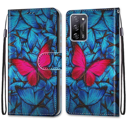 For OPPO A54 4G / A16 4G / A53s 5G / A55 5G Coloured Drawing Cross Texture Horizontal Flip PU Leather Case with Holder & Card Slots & Wallet & Lanyard(Blue Red Butterfly) by buy2fix