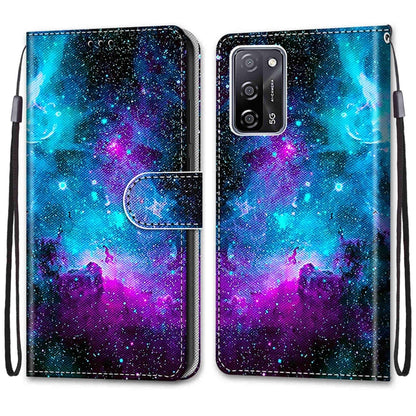 For OPPO A54 4G / A16 4G / A53s 5G / A55 5G Coloured Drawing Cross Texture Horizontal Flip PU Leather Case with Holder & Card Slots & Wallet & Lanyard(Purple Green Starry Sky) by buy2fix