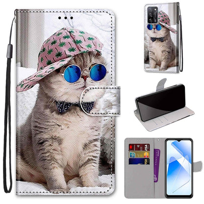 For OPPO A54 4G / A16 4G / A53s 5G / A55 5G Coloured Drawing Cross Texture Horizontal Flip PU Leather Case with Holder & Card Slots & Wallet & Lanyard(Slant Hat Blue Mirror Cat) by buy2fix