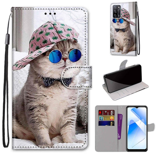 For OPPO A54 4G / A16 4G / A53s 5G / A55 5G Coloured Drawing Cross Texture Horizontal Flip PU Leather Case with Holder & Card Slots & Wallet & Lanyard(Slant Hat Blue Mirror Cat) by buy2fix