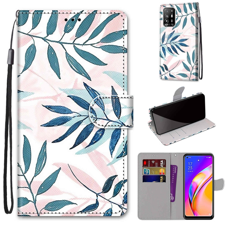 For OPPO A94 5G / A95 5G / F19 Pro+ 5G Coloured Drawing Cross Texture Horizontal Flip PU Leather Case with Holder & Card Slots & Wallet & Lanyard(Pink Green Leaf) by buy2fix