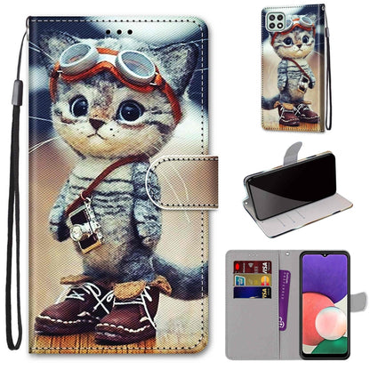For Samsung Galaxy A22 5G Coloured Drawing Cross Texture Horizontal Flip PU Leather Case with Holder & Card Slots & Wallet & Lanyard(Leather Shoes Cat) by buy2fix