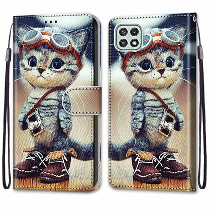 For Samsung Galaxy A22 5G Coloured Drawing Cross Texture Horizontal Flip PU Leather Case with Holder & Card Slots & Wallet & Lanyard(Leather Shoes Cat) by buy2fix