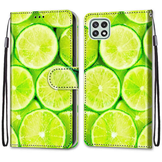For Samsung Galaxy A22 5G Coloured Drawing Cross Texture Horizontal Flip PU Leather Case with Holder & Card Slots & Wallet & Lanyard(Green Lemon) by buy2fix
