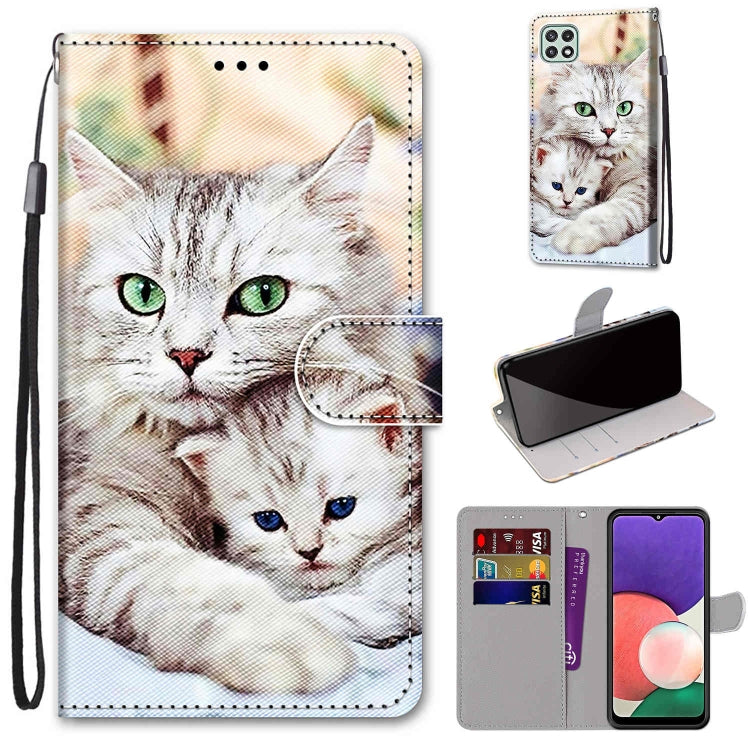 For Samsung Galaxy A22 5G Coloured Drawing Cross Texture Horizontal Flip PU Leather Case with Holder & Card Slots & Wallet & Lanyard(Big Cat Holding Kitten) by buy2fix