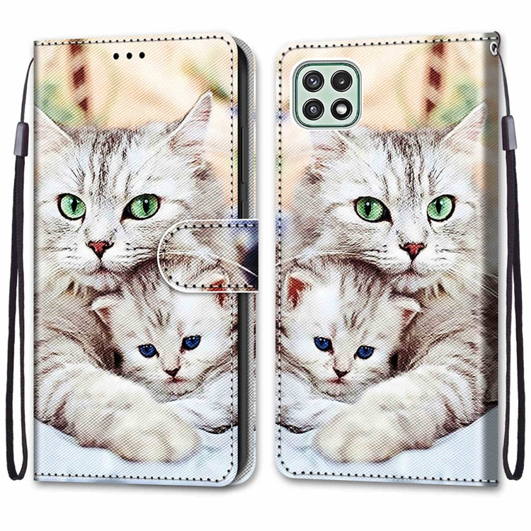 For Samsung Galaxy A22 5G Coloured Drawing Cross Texture Horizontal Flip PU Leather Case with Holder & Card Slots & Wallet & Lanyard(Big Cat Holding Kitten) by buy2fix