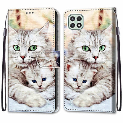 For Samsung Galaxy A22 5G Coloured Drawing Cross Texture Horizontal Flip PU Leather Case with Holder & Card Slots & Wallet & Lanyard(Big Cat Holding Kitten) by buy2fix