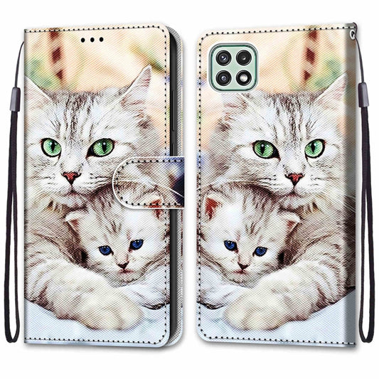 For Samsung Galaxy A22 5G Coloured Drawing Cross Texture Horizontal Flip PU Leather Case with Holder & Card Slots & Wallet & Lanyard(Big Cat Holding Kitten) by buy2fix