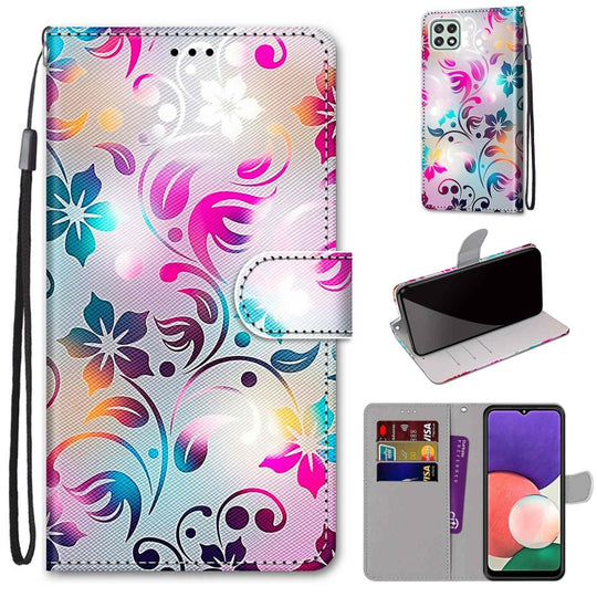 For Samsung Galaxy A22 5G Coloured Drawing Cross Texture Horizontal Flip PU Leather Case with Holder & Card Slots & Wallet & Lanyard(Gradient Colorful Flower)