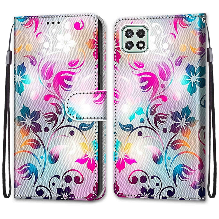 For Samsung Galaxy A22 5G Coloured Drawing Cross Texture Horizontal Flip PU Leather Case with Holder & Card Slots & Wallet & Lanyard(Gradient Colorful Flower) by buy2fix