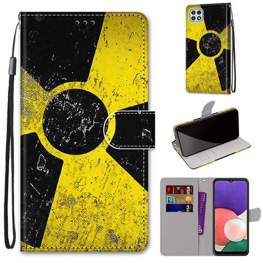 For Samsung Galaxy A22 5G Coloured Drawing Cross Texture Horizontal Flip PU Leather Case with Holder & Card Slots & Wallet & Lanyard(Yellow Black Logo)