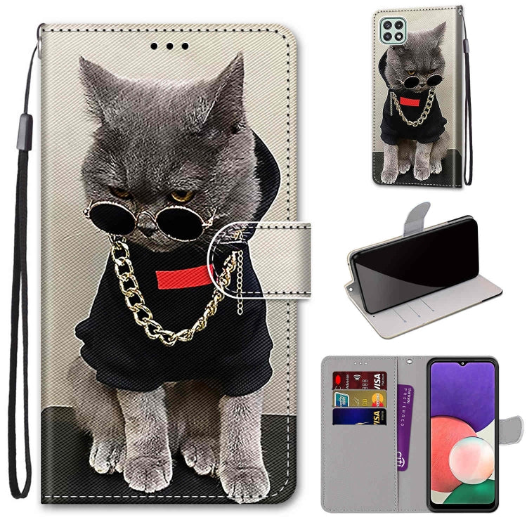 For Samsung Galaxy A22 5G Coloured Drawing Cross Texture Horizontal Flip PU Leather Case with Holder & Card Slots & Wallet & Lanyard(Golden Chain Grey Cat) by buy2fix