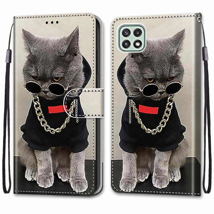 For Samsung Galaxy A22 5G Coloured Drawing Cross Texture Horizontal Flip PU Leather Case with Holder & Card Slots & Wallet & Lanyard(Golden Chain Grey Cat) by buy2fix