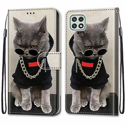For Samsung Galaxy A22 5G Coloured Drawing Cross Texture Horizontal Flip PU Leather Case with Holder & Card Slots & Wallet & Lanyard(Golden Chain Grey Cat) by buy2fix