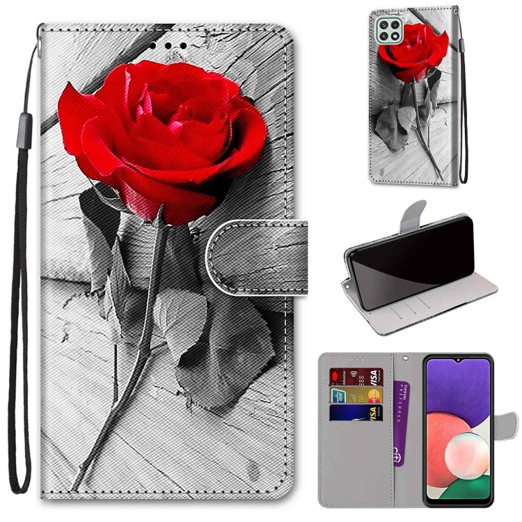 For Samsung Galaxy A22 5G Coloured Drawing Cross Texture Horizontal Flip PU Leather Case with Holder & Card Slots & Wallet & Lanyard(Wood Red Rose) by buy2fix