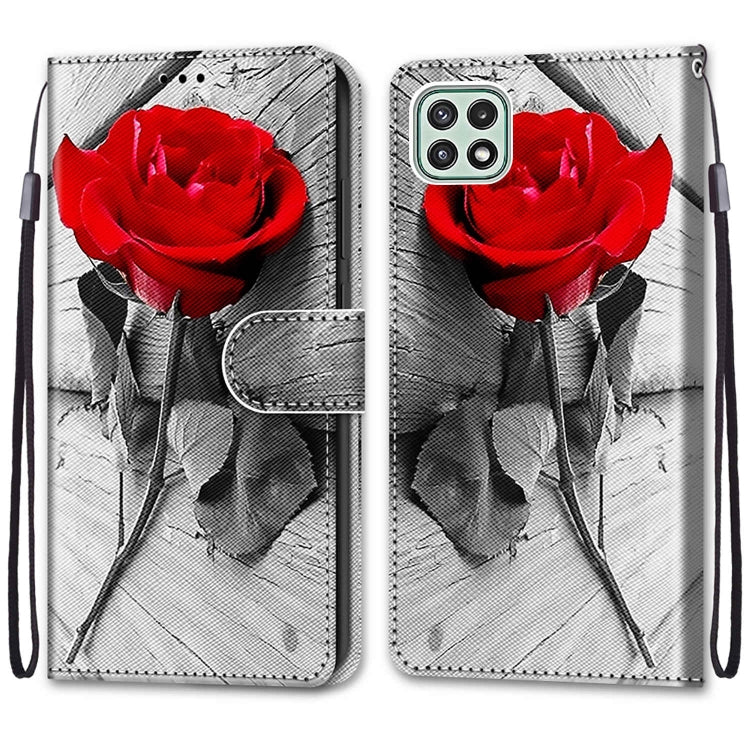 For Samsung Galaxy A22 5G Coloured Drawing Cross Texture Horizontal Flip PU Leather Case with Holder & Card Slots & Wallet & Lanyard(Wood Red Rose) by buy2fix